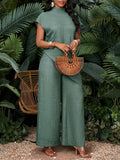 Solid Color Women's Vacation Casual Asymmetrical Hem Top and Pants Two-Piece Set, Autumn Women's Clothing
