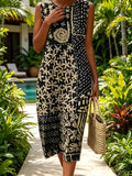 Women Bohemian Sleeveless Dress Romc Ethnic Print Loose Mid-Length Skirt Vacation Casual, Tummy- And Versatile Skirt