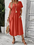 Women's Elegant Batwing Sleeve Dress - Directional Front Pleated Patch Pocket, Summer Casual Dress Loose Fit