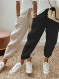 2Pcs Women's Cotton Drawstring Elastic Waist Jogger Pants, Roll Cuff Ankle Casual Tapered Trousers with Side Pockets