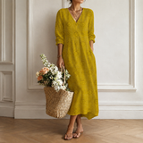 Women's Boho Floral Print Maxi Dress, V Neck 3/4 Sleeve Loose Casual Long Dress with Pockets