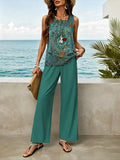 Women Two Piece Sets Boho Floral Dressy Casual Going Out Outfit Sleeveless Tiered Tank Top Wide Leg Pant Trendy Suit