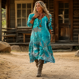 Women's Boho Floral Print Maxi Dress, V Neck 3/4 Sleeve Loose Casual Long Dress with Pockets