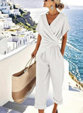Women’s 2 Piece Summer Outfits Short Sleeve Wrap Top and Wide-Leg Pants Set Casual Resort Lounge Set with Pockets