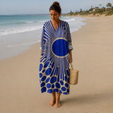 Women's Boho Floral Print Maxi Dress, V Neck 3/4 Sleeve Loose Casual Long Dress with Pockets