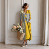 Women's Boho Floral Print Maxi Dress, V Neck 3/4 Sleeve Loose Casual Long Dress with Pockets