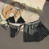 Women's Sweet Spicy Blue Striped Knit Three-Piece Swimsuit Set, Halter Neck Tie High Waist Shorts, Beach Vacation
