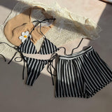 Women's Sweet Spicy Blue Striped Knit Three-Piece Swimsuit Set, Halter Neck Tie High Waist Shorts, Beach Vacation