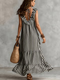 Bohemian Striped Dress Women'S Summer V-Neck Ruffled Sleeveless Loose Flared Vacation Long Dress