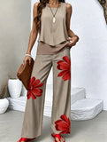 Women Two Piece Sets Boho Floral Dressy Casual Going Out Outfit Sleeveless Tiered Tank Top Wide Leg Pant Trendy Suit