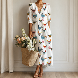 Women's Boho Floral Print Maxi Dress, V Neck 3/4 Sleeve Loose Casual Long Dress with Pockets