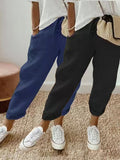 2Pcs Women's Cotton Drawstring Elastic Waist Jogger Pants, Roll Cuff Ankle Casual Tapered Trousers with Side Pockets