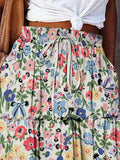 Women's Summer Floral Print Maxi Skirt, Casual High-Waisted Outdoor Skirt, Ruffled Hem Skirt Glossy Texture
