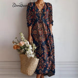 Women's Boho Floral Print Maxi Dress, V Neck 3/4 Sleeve Loose Casual Long Dress with Pockets