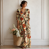 Women's Boho Floral Print Maxi Dress, V Neck 3/4 Sleeve Loose Casual Long Dress with Pockets