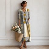 Women's Boho Floral Print Maxi Dress, V Neck 3/4 Sleeve Loose Casual Long Dress with Pockets