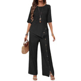 Women 2 Piece Outfit, Button Half Sleeve Shirt & Irregular Hem Long Pants Set, Loose Elegant Casual Matching Suit