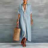 Women’s Cotton Button Down Maxi Shirt Dress Short Sleeve Collared Loose Fit Casual Vacation Dress Green