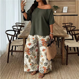 Women's 2 Piece Casual Outfit, Off Shoulder Short Sleeve Solid Blouse and Floral Print Wide Leg Pants Set, Summer Co Ord