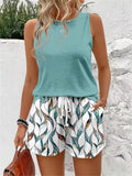 Women's 2 Piece Casual Outfit, Solid Sleeveless Tank Top and Floral Print Drawstring Shorts Set, Summer Vacation Co-Ord