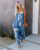 Women’s Tie Dye Jumpsuit Sleeveless Spaghetti Strap Wide Leg Romper Casual Summer Beach Vacation Outfit Blue