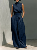 Women's 2-Piece Textured Outfit Set, Sleeveless Mock Turtleneck Top & High Waist Pleated Wide Leg Pants with Pockets