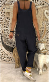 Women Bow Decor Spaghetti Strap Linen Jumpsuit Loose Tapered Ankle Length Casual Boho Overall Romper