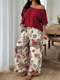 Women's 2 Piece Casual Outfit, Off Shoulder Short Sleeve Solid Blouse and Floral Print Wide Leg Pants Set, Summer Co Ord