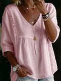 Women's White V-Neck Lace Trim Peplum Blouse with 3/4 Sleeves for Casual Bohemian Style
