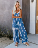 Women’s Tie Dye Jumpsuit Sleeveless Spaghetti Strap Wide Leg Romper Casual Summer Beach Vacation Outfit Blue