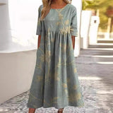 Women’s Embroidered Midi Dress Floral Patchwork Boho Casual Loose Fit Summer Dress with Pockets