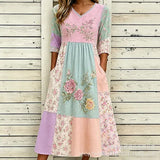 Women’s Embroidered Midi Dress Floral Patchwork Boho Casual Loose Fit Summer Dress with Pockets