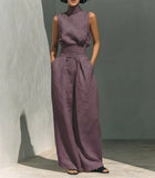 Women's 2-Piece Textured Outfit Set, Sleeveless Mock Turtleneck Top & High Waist Pleated Wide Leg Pants with Pockets
