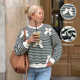 Women’s Striped Sweatshirt Long Sleeve Crewneck Pullover Bow Detail Casual Loose Fit Tops Black White