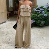 Women's Two-Piece Linen Short Set with Ruffled Top, Casual Beach Vacation Flowy Lounge Pants