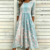 Women’s Embroidered Midi Dress Floral Patchwork Boho Casual Loose Fit Summer Dress with Pockets