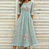 Women’s Embroidered Midi Dress Floral Patchwork Boho Casual Loose Fit Summer Dress with Pockets
