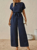 Western Fashion Elegant Premium Temperament Royal Blue Short Sleeve Tie-Waist Wide-Leg Trousers Women's Jumpsuit
