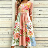 Women’s Embroidered Midi Dress Floral Patchwork Boho Casual Loose Fit Summer Dress with Pockets