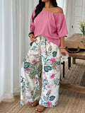 Women's 2 Piece Casual Outfit, Off Shoulder Short Sleeve Solid Blouse and Floral Print Wide Leg Pants Set, Summer Co Ord