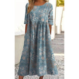 Women’s Embroidered Midi Dress Floral Patchwork Boho Casual Loose Fit Summer Dress with Pockets