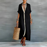 Women’s Cotton Button Down Maxi Shirt Dress Short Sleeve Collared Loose Fit Casual Vacation Dress Green
