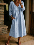 Women's V Neck 3/4 Sleeve Midi Babydoll Dress, Hollow Lace Trim Loose Textured Casual Dress with Side Pockets