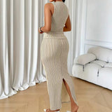 Women's Solid Color Striped Blazer Skirt 2 Piece Set, Sleeveless Button Front Top with High Waist Side Slit Maxi Skirt