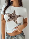 Women's Y2K Sexy Leopard Print Short Sleeve T Shirt Crew Neck Slim Fit Waist Casual Tops for Spring Summer