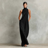 Women’s Sleeveless Mock Neck Maxi Dress Loose Fit Casual Summer Long Dress with Pockets Elegant Black