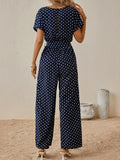 Western Fashion Elegant Premium Temperament Royal Blue Short Sleeve Tie-Waist Wide-Leg Trousers Women's Jumpsuit
