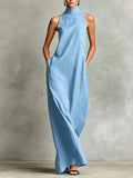 Women’s Sleeveless Mock Neck Maxi Dress Loose Fit Casual Summer Long Dress with Pockets Elegant Black