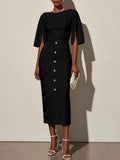 Women’s Elegant Midi Dress Cape Sleeve Button Front Bodycon Pencil Dress Cocktail Party Work Dress Black