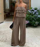 Women's Two-Piece Linen Short Set with Ruffled Top, Casual Beach Vacation Flowy Lounge Pants